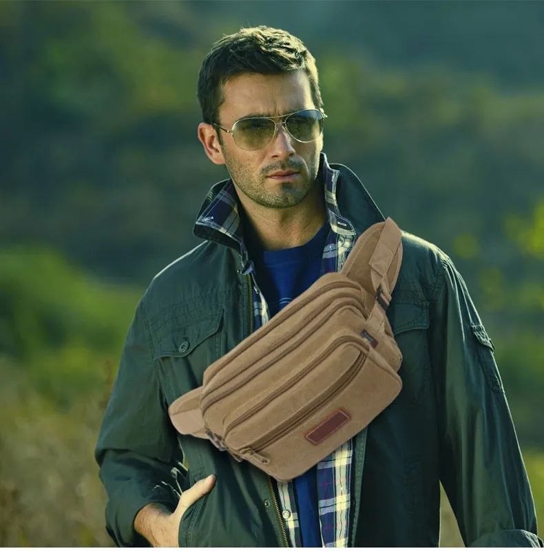 Canvas Men Waist Bag Pack Outdoor Travel Casual Vendor Cycling Money Storage Messegner Shoulder Chest Sling Bag Movement Pockets (24)