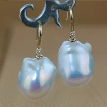Women Gift word 925 Sterling silver real The baroque style unique 15-16mm large shaped Pearl Earrings Handmade custom 925 Sterli