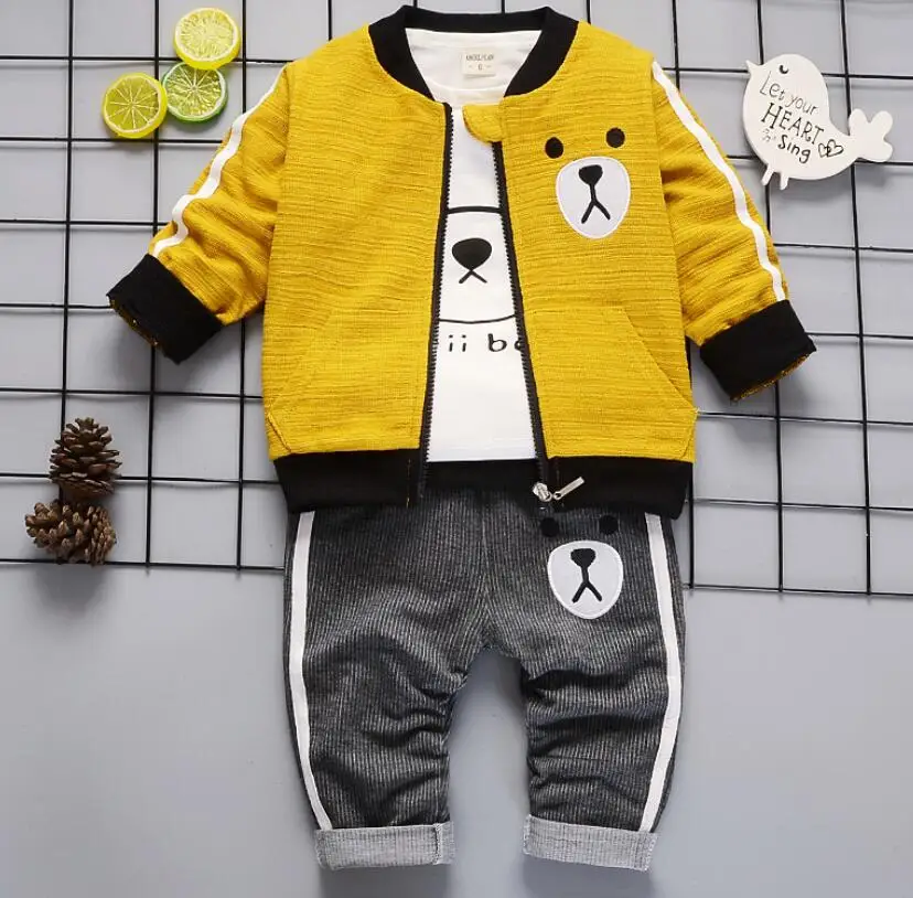 Детская одежда для мальчиков спортивный костюм из 3 предметов для мальчиков, спортивные топы+ пальто с капюшоном+ штаны, костюм для малышей с рисунком медведя комплект одежды для малышей