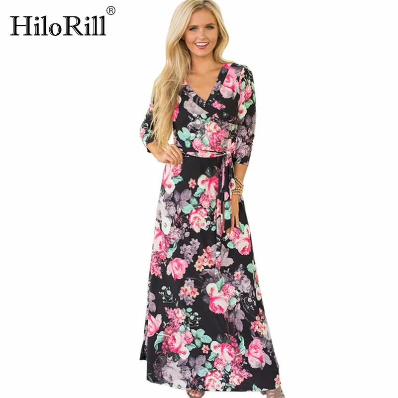 

2019 Women Floral Print Long Maxi Dress Summer Boho Beach Dress Sexy V-neck Elegant Evening Party Dress Vestidos de fiesta