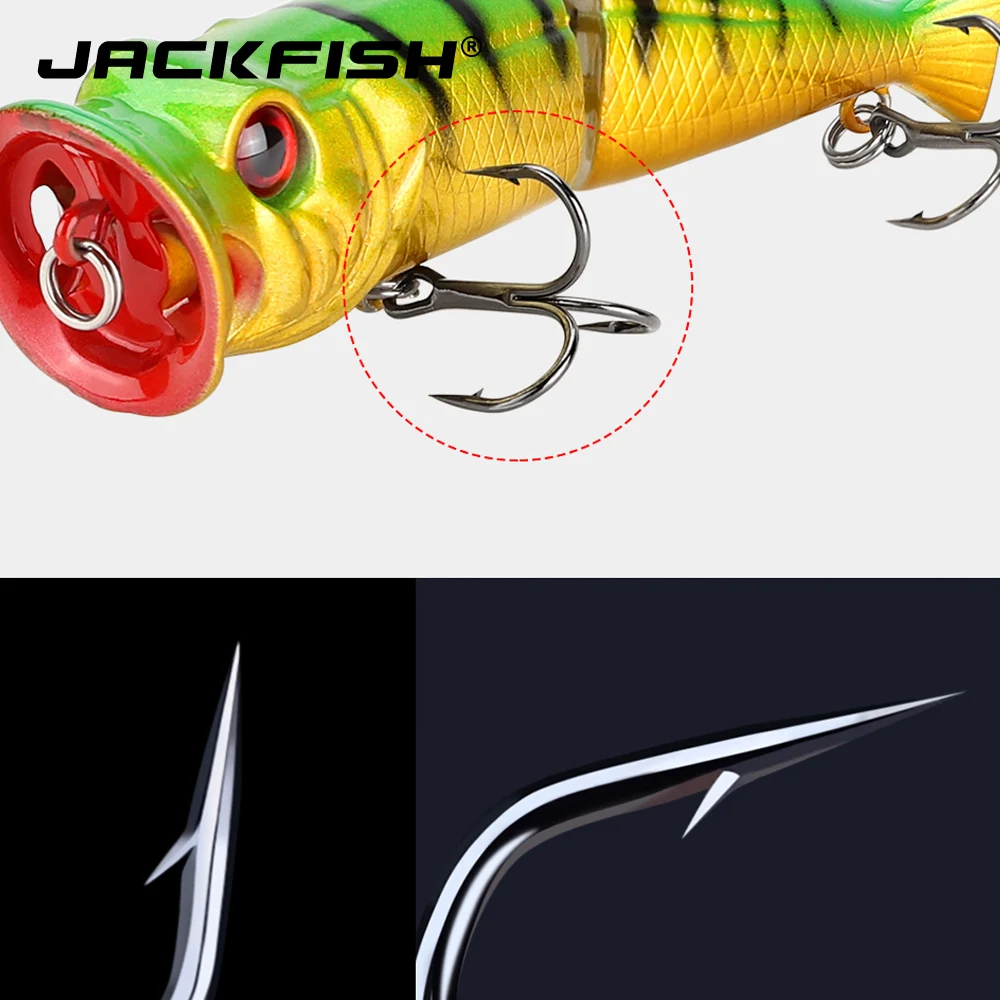 JACKFISH 2 أقسام بوبر إغراء 8.4 سنتيمتر/10g الصيد إغراء 6 ألوان الصلب الاصطناعي بيت الأعلى المياه الصلب الطعم الصيد معالجة