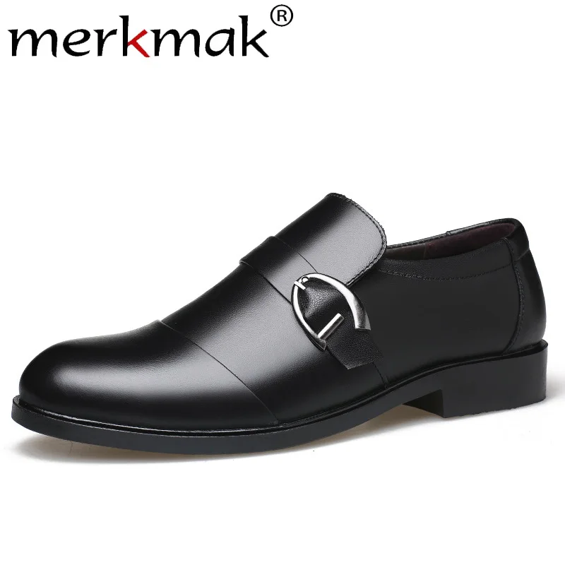 

Merkmak Classic Dress Men Leather Shoes 2019 Fashion Solid Hasp British Business Office Slip On Casual Soft Footwear Male Flat