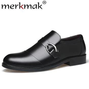 

Merkmak Classic Dress Men Leather Shoes 2019 Fashion Solid Hasp British Business Office Slip On Casual Soft Footwear Male Flat