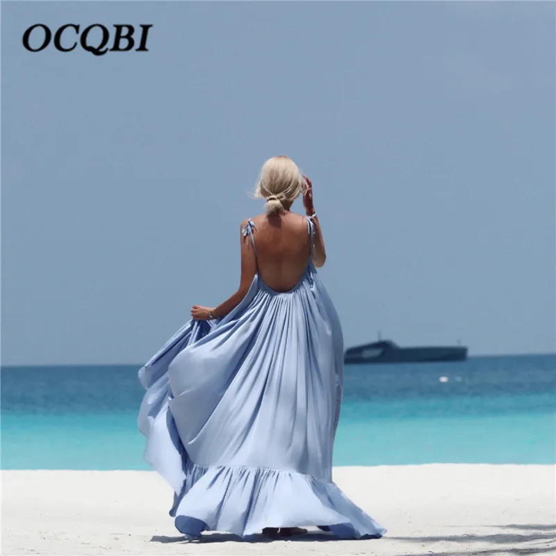 

2018 Women Summer Backless Loose Beach Sundress Sexy Backless Vintage Elegant Party Maxi Dress