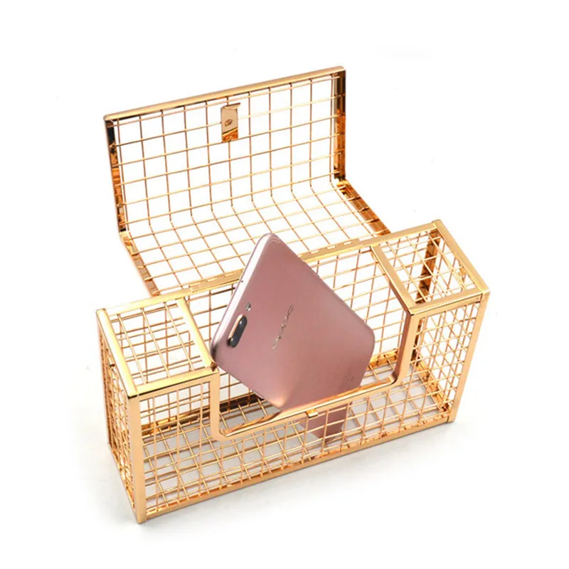 New Metal Hollow Fashion Women Shoulder Handbags Crossbody Bags Party Evening Totes Bag Box Clutches Metallic Cage Chain Purse 4