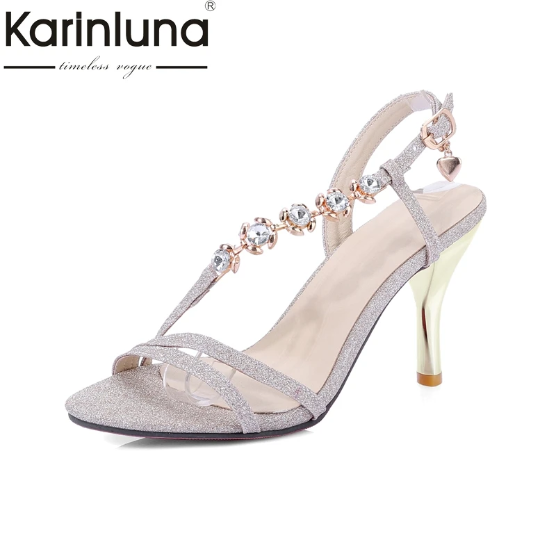 

Karinluna 2018 Plus Size 31-44 Crystals Flower Thin High Heels Summer Shoes Women Sandals Sexy Bling Party Shoes Woman
