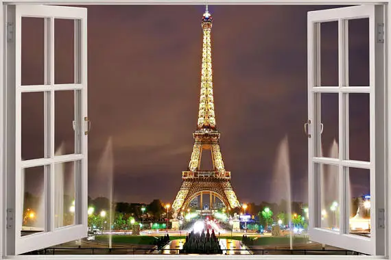 

3D Effect Window View WALL STICKERS EiffelTower Paris Frame Vinyl Decal Decor Mural Kitchen Bathroom motorbike wall art