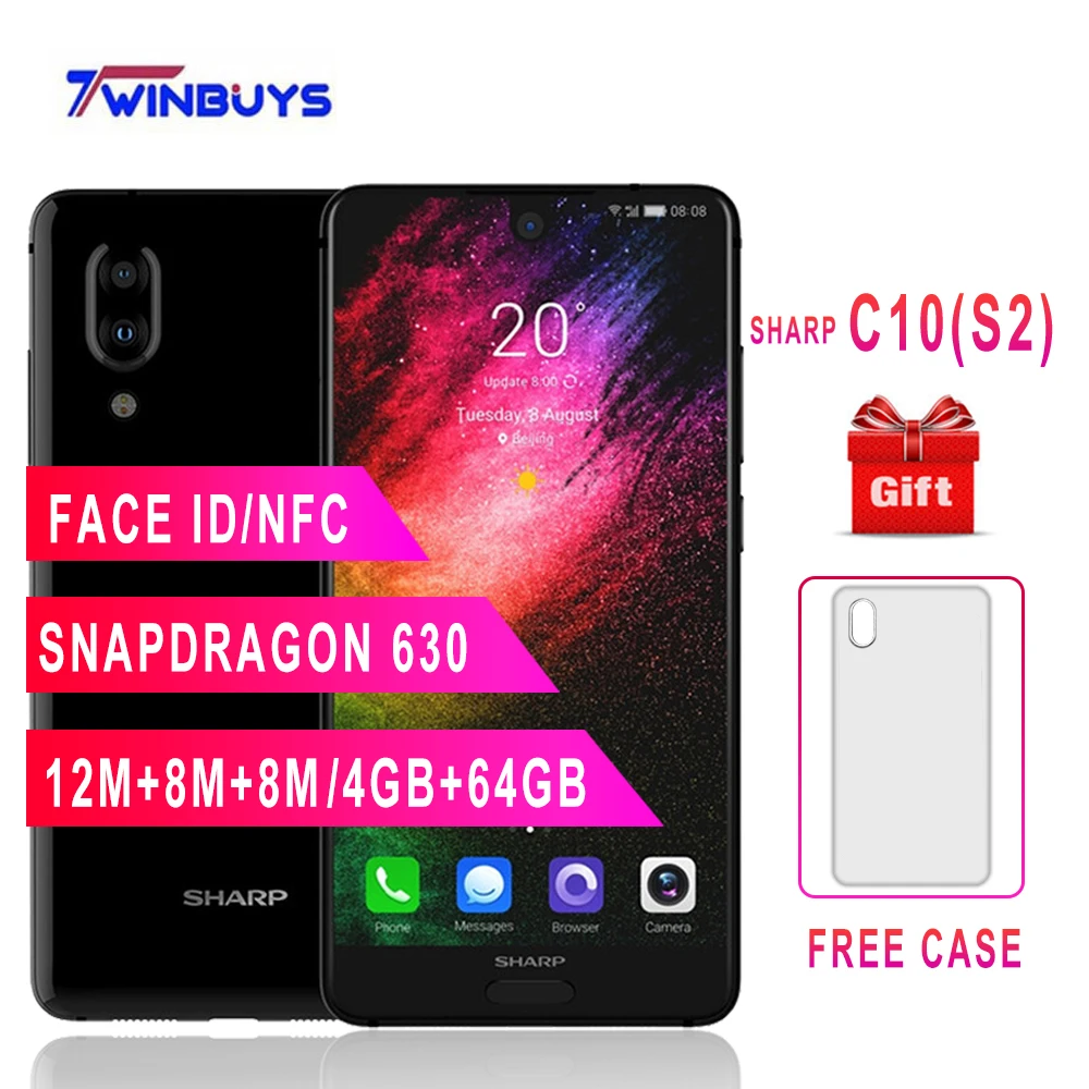 

SHARP AQUOS C10 S2 mobile phones Android 8.0 4GB+64GB 5.5'' FHD+ Snapdragon 630 Octa Core Face ID NFC 12MP 2700mAh 4G SmartPhone