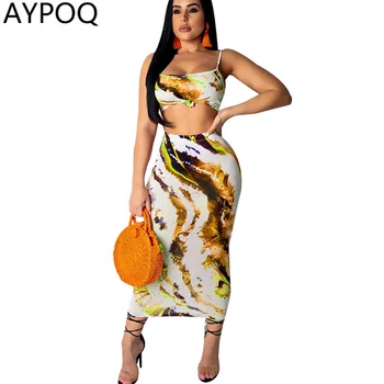 

AYPOQ Night Club Sexy 2 Piece Set Women Summer Print Vest Long Skirt Suit Camisole Backless Tops Party Sundress Pencil Dress