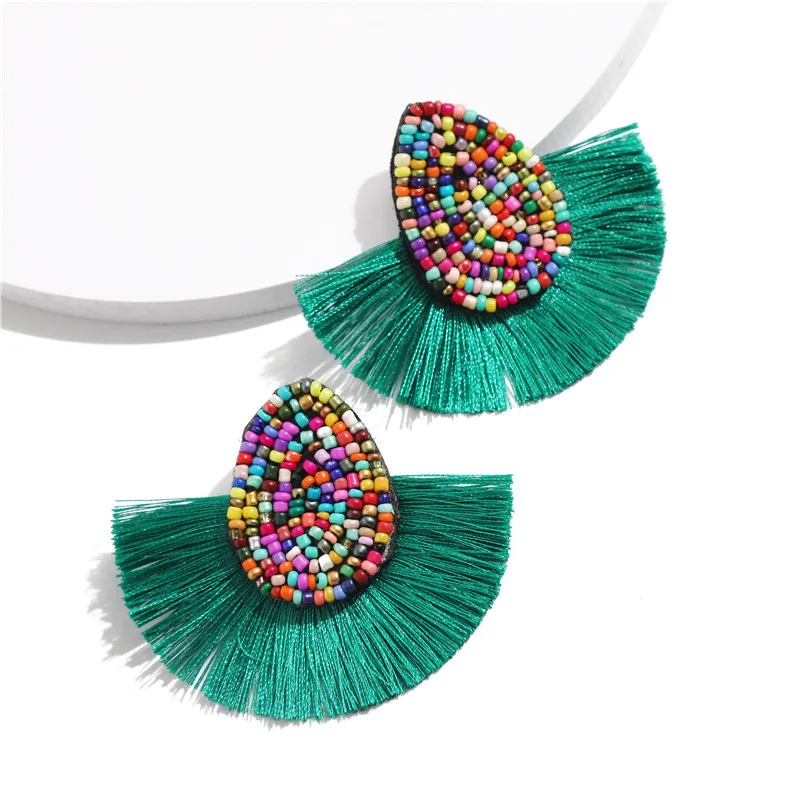 Bohemian Green Beaded Tassel Drop Earrings for Women Big Statement Earrings Female Wedding Fringe Hanging Earings - Окраска металла: 2