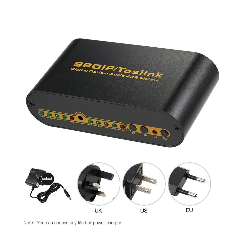 

Digital Premium Quality SPDIF/TOSLINK Digital Optical Audio Switcher 4*2 Matrix Four Inputs Two Outputs
