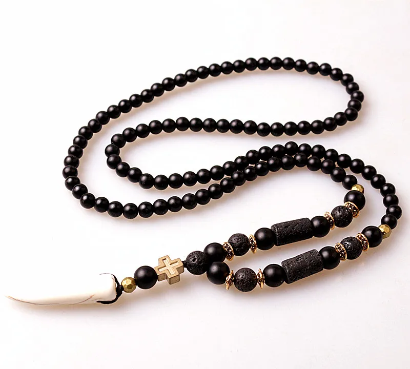 Black BLava Stones Bead with Hematite cross charm pendant necklace - Image 3