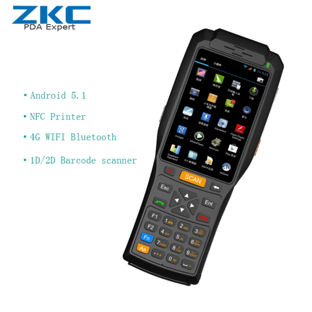 Built in printer barcode scanner PDA with android 5.1 4g nfc rfid wifi