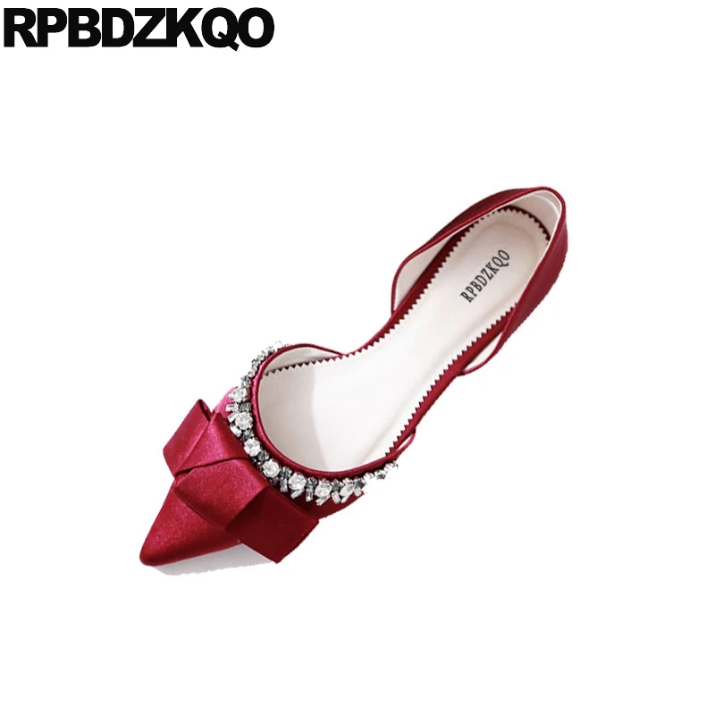 

red flats bow rhinestone women diamond satin ballerina pointed toe crystal dress wedding ballet shoes sandals silk green purple
