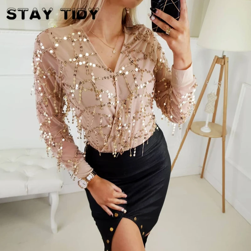 

STAY TIDY Sexy Tassel Sequined Reflective Blouse Women Lace See Through Long Sleeve V Neck Shirts Spring Female Casual Office