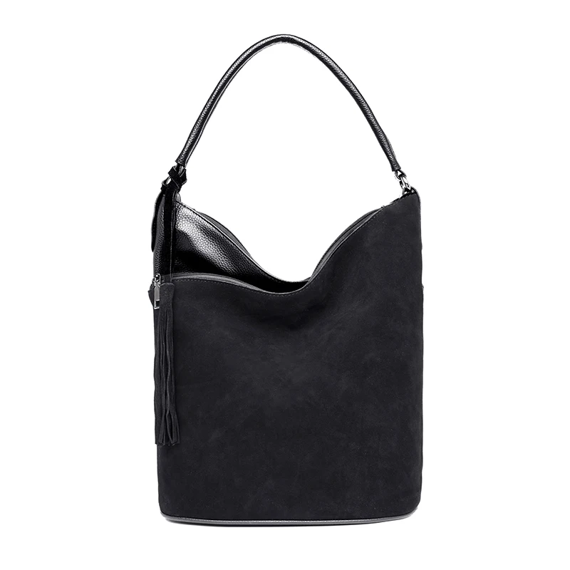Fashion Faux Suede Luxury Handbags Women Bags Designer Tassel Bucket big Shoulder Bag 2018Sac a Main Femme High Quality Tote Bag - Цвет: Black