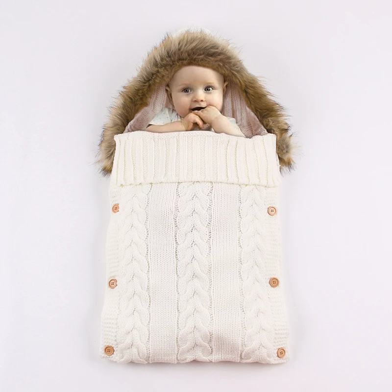 IYEAL с меховым капюшоном новорожденных Детские спальные мешки Демисезонный открытый младенческой коляски сна Sack кабель трикотажные