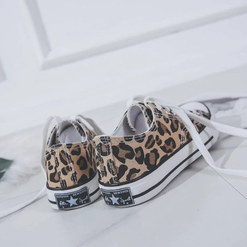 Vangull Women Flats Leopard Lace Up Comfort Shoes Ladies Canvas Vulcanized Shoes Female Sneakers Fashion Casual Platform Shoes