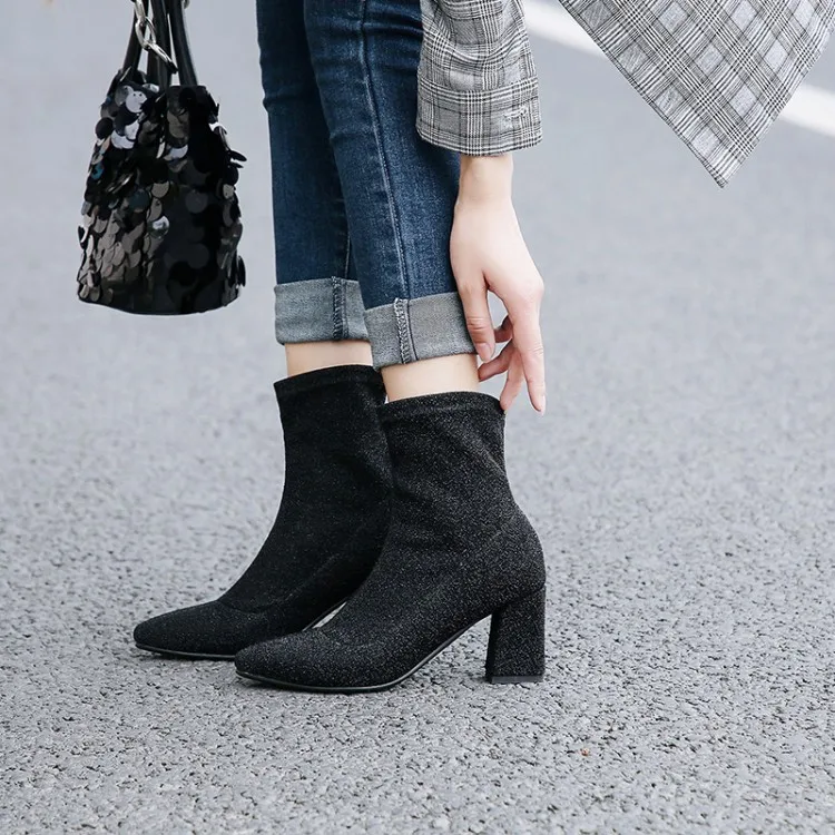Sianie Tianie/женские ботильоны из эластичного материала с острым носком, серебристого и черного цветов; модная женская обувь на не сужающемся книзу массивном высоком каблуке; ботинки