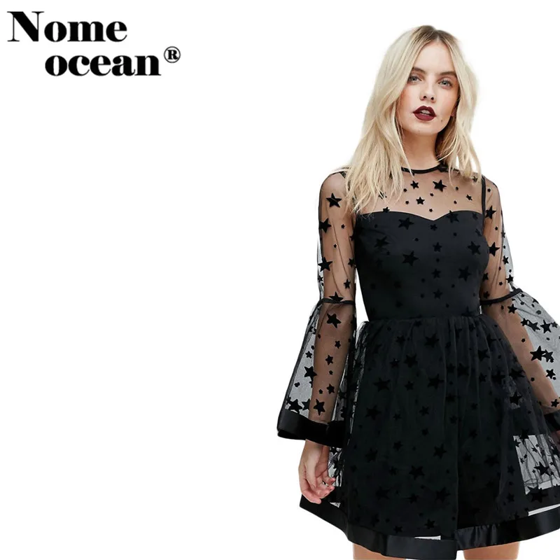 

Star Embroidery Women's Brand Dresses 2018 Summer See-through Tranparent Empire A-line Dress Long Sleeve Dress Black M18040506