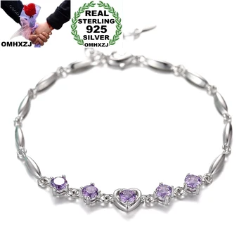 

OMHXZJ Wholesale European Fashion Woman Girl Birthday Wedding Gift Heart Amethyst AAA Zircon S925 Sterling Silver Bracelet SZ138
