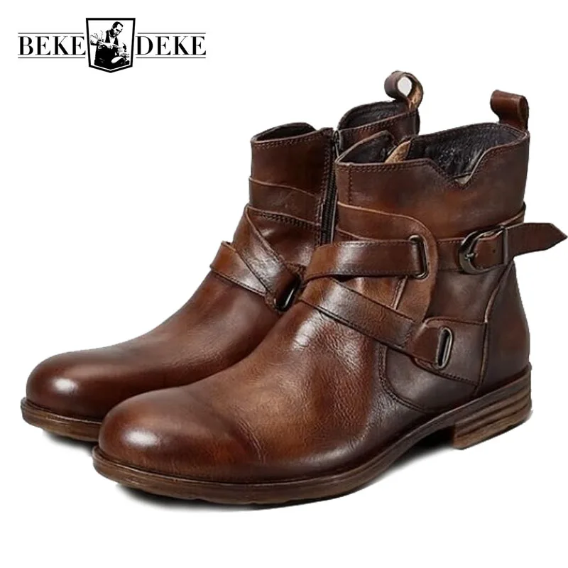 Black Cuir En Zip Boucle Marque Bout Boot De Côté Noir Rond Décontracté Brun Bottines Luxe Rétro D'affaires Véritable Hommes Chaussons brown Moto nwON80kXZP