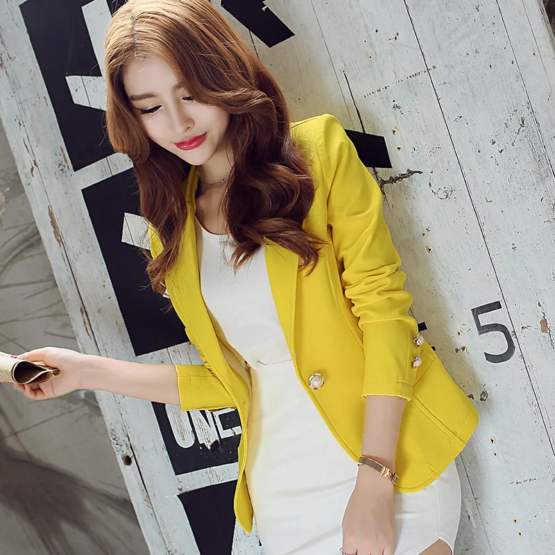 Женский тонкий короткий Блейзер с длинными рукавами Корейский модный однотонный костюм желтый костюм куртка женская 2019 новая женская