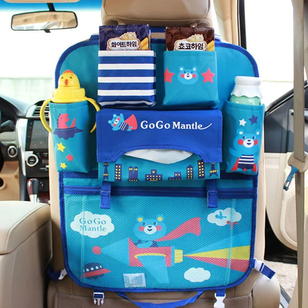 Милый стиль, органайзер на спинку сиденья автомобиля, подвесные сумки для хранения для малышей, детей, авто коврик для спинки сиденья с держателем для салфеток - Название цвета: Синий