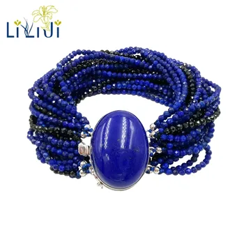 

LiiJi Unique Natural Stone Lapis Lauzuli Black Spinel Faceted Beads 24 Rows 925Sterling Silver Fashion Hyperbole Women Bracelet