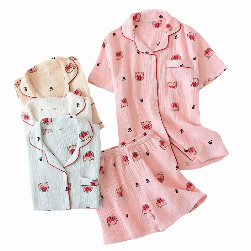 

Summer New Ladies Pajama Set Cute Piglet Printed Turn-down Collar 100% Gauze Cotton Sleepwear Short Sleeve+Shorts Loose Homewear