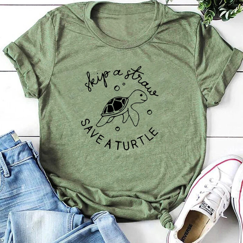 

Skip A Straw Save A Turtle T-Shirt Protect Ocean Slogan Women Tees Streetwear Trendy Shirts Hipster Cotton Tops art outfits