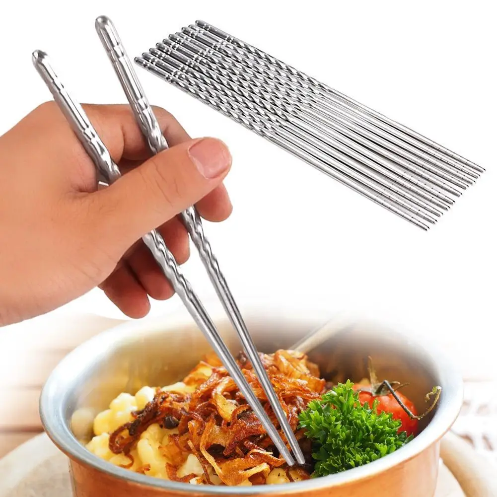 

5 Pairs \ Pack Stainless Steel Chopsticks Anti-skip Thread Style Durable Silver for sushi food thread Anti-slip Chop Sticks