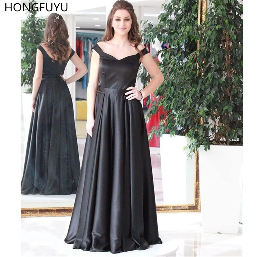 

HONGFUYU Black Satin Prom Dresses A-line Off Shoulder Long Evening Gown Vestido De Formatura Party Dress Floor Length Sleeveless