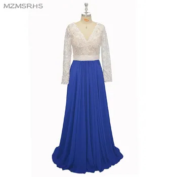 

2017 New Arrival Long Sleeve Lace Top White Sexy Prom Dresses Vestido De Festa Longo Royal Blue Chiffon Long Evening Dresses