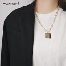HUANZHI Square Pendant Simple Vintage Exaggeration Personality Gold Color Metal Long Chain Necklaces For Women Girls Jewelry