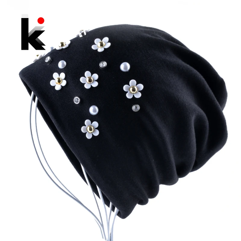 Новая модная шапка бини однотонные шапочки с цветком украшенные стразами шапки женские шляпа женская осень шапка с капюшоном шапочки