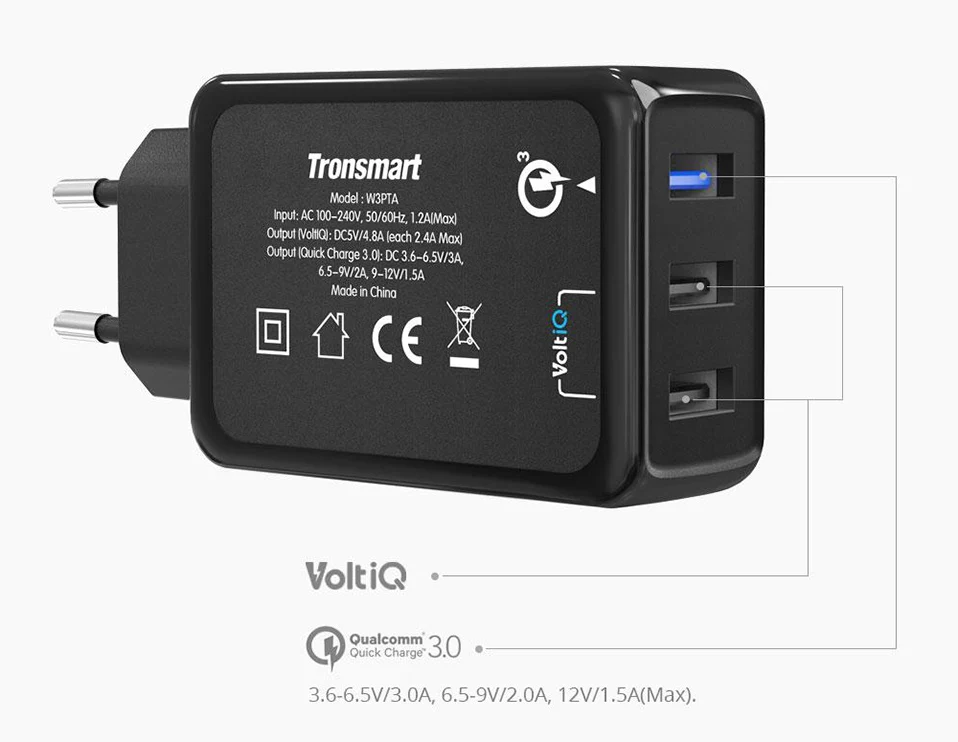 [3 Ports] Tronsmart W3PTA Quick Charge 3.0 USB Charger with VoltiQ Tech for Xiaomi for LG G5 Fast Phone Charger Adapter EU US UK 3