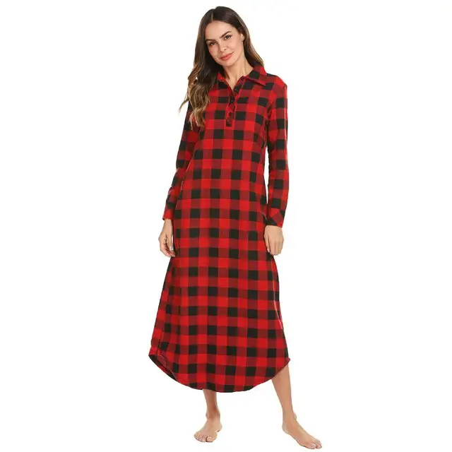 Ekouaer Long Nightgown Casual Sleepshirts Women Long Sleeve Plaid Turn ...