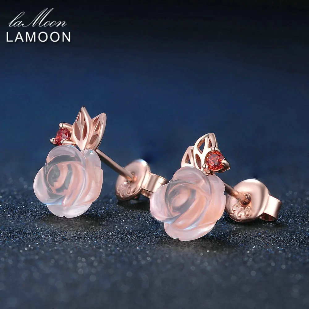 LAMOON Stud Earrings 925 Sterling Silver Fine Jewelry 9mm Rose Flower Natural Pink Rose Quartz Women Plants Kaffa Earrings 2017