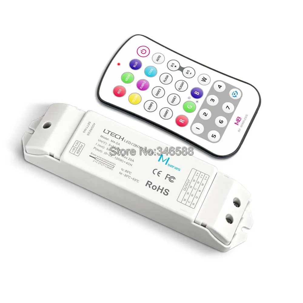

LTECH M4-5A DC5-24V 5Ax4CH 20A RGBW LED Receiving Controller + M8 RF Wireless Button Remote for 5050 RGBW RGBWW LED Strips