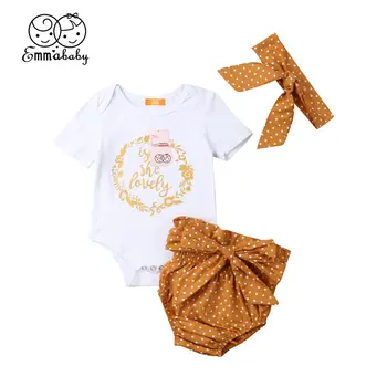 

2019 Newborn Baby Girls Clothes Set Summer Toddler Kid Princess Outfit Lovely Bodysuit+Shorts+Headband Dot Panties Baby Set