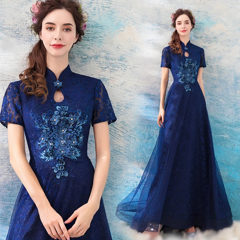 

2019 New Arrival Elegant Oriental Small Stand Collor Lace Flower Dark Blue Mother Dress 128