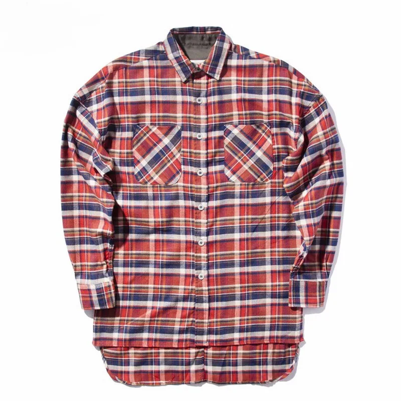 

HZIJUE New bieber flannel Scotland grid long sleeve shirts Hip hop extended curved hem oversized Men Cotton shirt