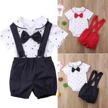 

2018 Hot Sale 2PCS Newborn Baby Boy Clothes Bowknot Tie Shoert Sleeve Bodysuit Tops+Strap Short Pants Summer Fashion Outfit Set