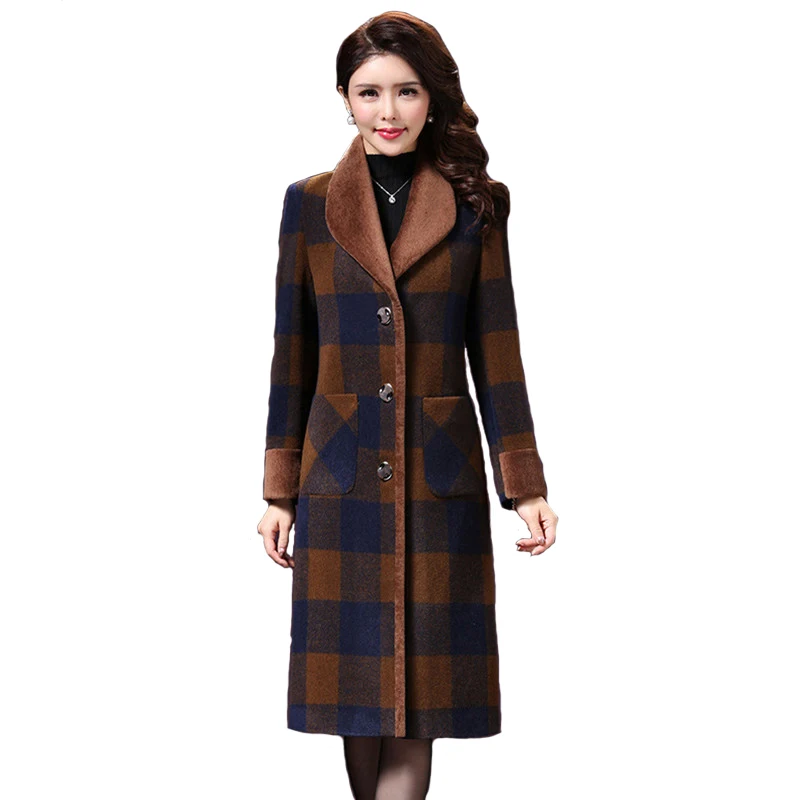 Fashion woolen coat women 2019 new Autumn Winter Plaid Artificial wool coat Plus size long coat