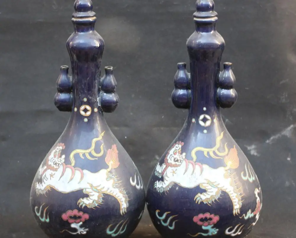 

19" Old Blue Painting gourd cucurbit Foo Fu Dog Lion Leo Vase Bottle Pot Pair