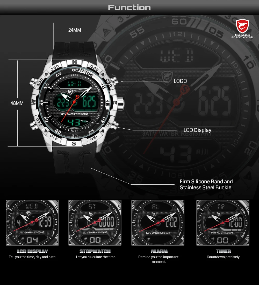 Hooktooth акула спортивные часы для мужчин двойной Движение мужчин t Хронограф Будильник ЖК-дисплей мужские часы 3ATM Водонепроницаемость черный секундомер/SH596