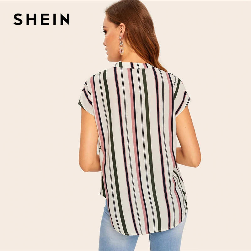 SHEIN, разноцветный топ в полоску с v-образным вырезом, летняя блузка, женская летняя рабочая одежда с глубоким подолом и рукавом-крылышком, повседневные женские топы и блузки