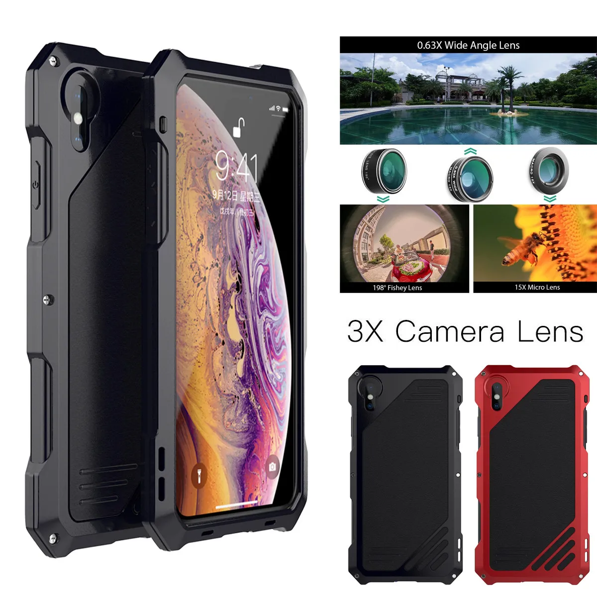 Waterproof Metal Case Cover Camera Lens Hybrid For iPhone X/XR/XS/XS MAX Protective Glass phone