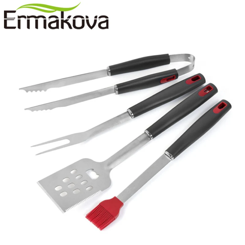 

ERMAKOVA Set of 4 BBQ Tool Set Stainless Steel Grilling Utensils Barbecue GrilL Spatula Tong Fork and Basting Brush Barbecue Kit